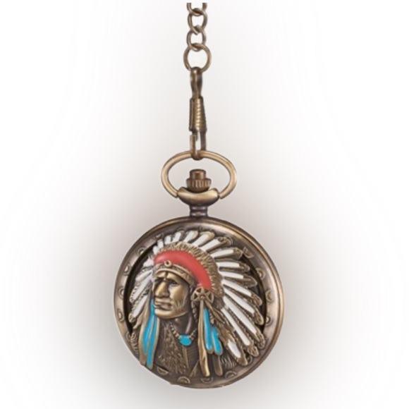 Etched Bronze Distinguished Indigenous Man Quartz Pocket Watch. - Picture 2 of 6